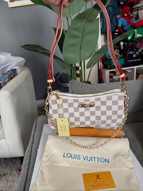 Louis Vuitton Damier Azur Mini Shoulder Bag with Red Straps and Gold Chain